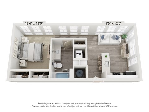 Floor plan for 1 bed, 1 bath, 558 sqft